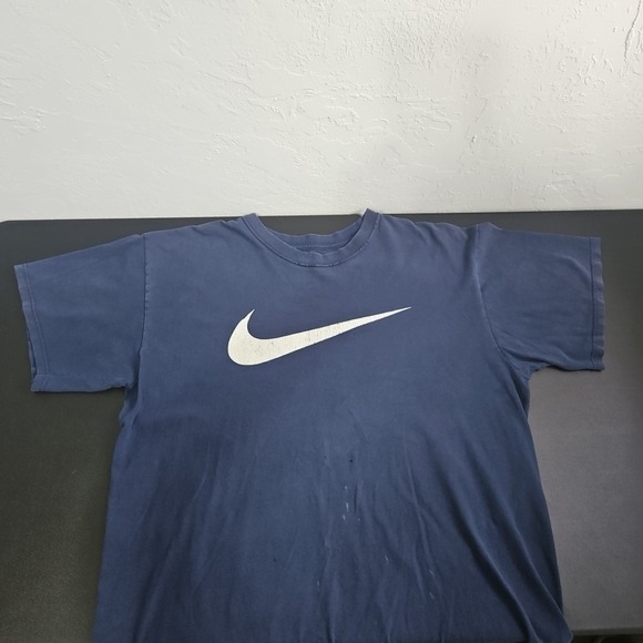 90s NIKE Huge Swoosh Distressed T-Shirt Vintage  XL Navy Blue Thrashed - Picture 10 of 13